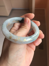 Load image into Gallery viewer, 54mm 100% Natural type A icy watery green white carved flowers and golden-painted Jadeite Jade bangle PB285
