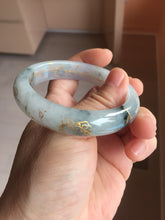 Load image into Gallery viewer, 54mm 100% Natural type A icy watery green white carved flowers and golden-painted Jadeite Jade bangle PB285
