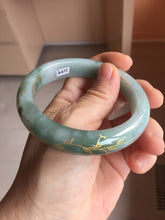 Load image into Gallery viewer, 57.3mm 100% Natural type A greenwatermelon rind  (瓜油青) carved flowers and golden-painted Jadeite Jade bangle PB287-2124
