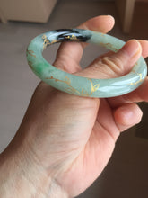 Load image into Gallery viewer, 58.4mm 100% Natural type A icy watery green dark carved flowers golden-painted round cut Jadeite Jade bangle PH74-5863
