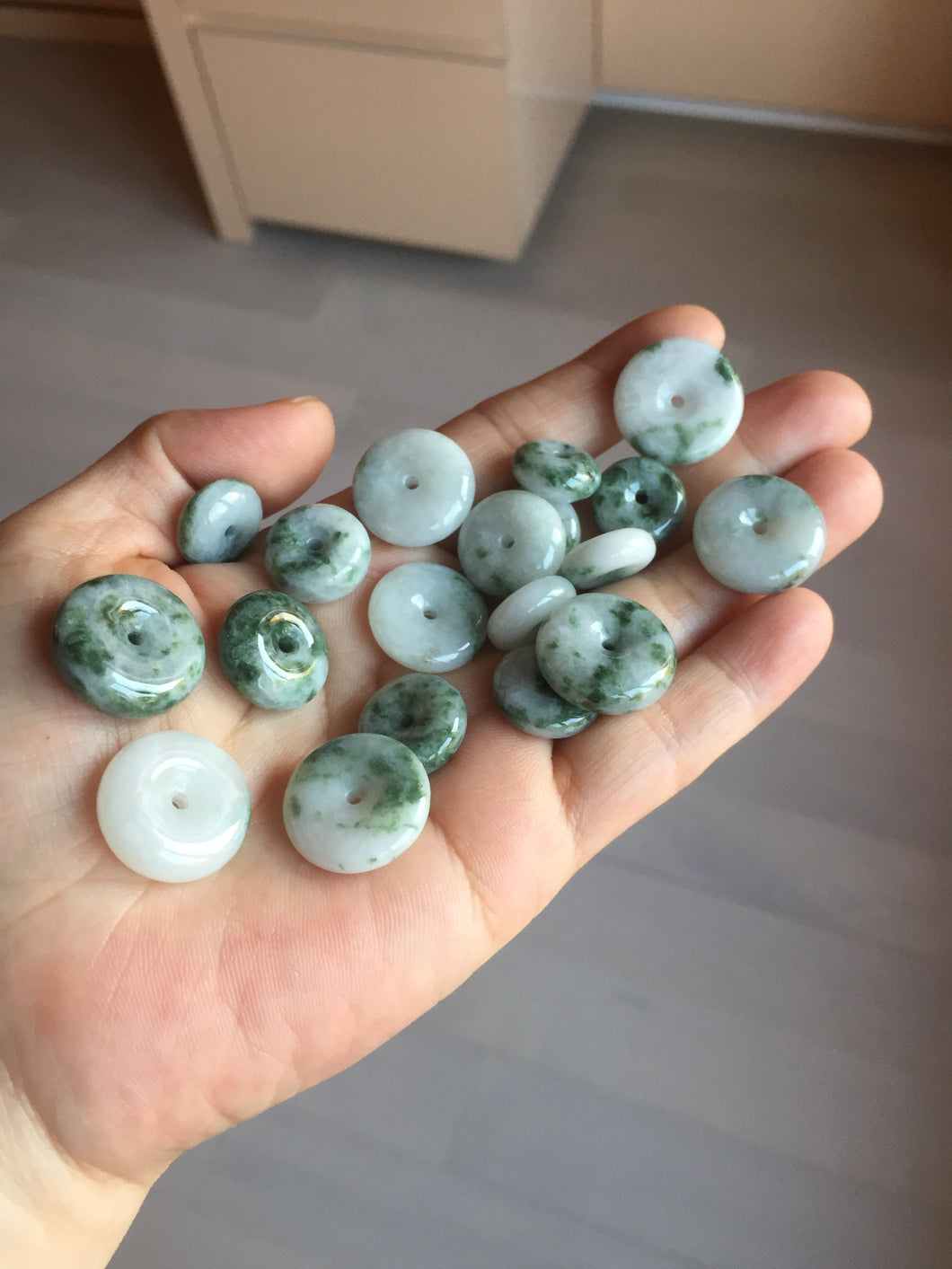 Type A 100% Natural dark green white forest Jadeite Safety Guardian Button donuts pendant BG206
