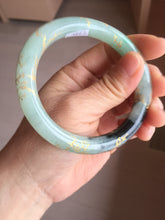 Load image into Gallery viewer, 58.4mm 100% Natural type A icy watery green dark carved flowers golden-painted round cut Jadeite Jade bangle PH74-5863
