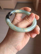 Load image into Gallery viewer, 58.4mm 100% Natural type A icy watery green dark carved flowers golden-painted round cut Jadeite Jade bangle PH74-5863
