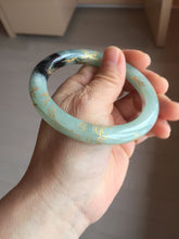 Load image into Gallery viewer, 58.4mm 100% Natural type A icy watery green dark carved flowers golden-painted round cut Jadeite Jade bangle PH74-5863

