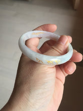 Load image into Gallery viewer, 56mm 100% Natural type A light green purple white carved flowers and golden-painted Jadeite Jade bangle PB227-0274
