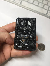 Load image into Gallery viewer, 100% Natural type A dark green black jadeite jade(墨翠, mocui) God of wealth General Guan (武财神关公) pendant pendant/worry stone AA64
