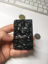 Load image into Gallery viewer, 100% Natural type A dark green black jadeite jade(墨翠, mocui) God of wealth General Guan (武财神关公) pendant pendant/worry stone AA64
