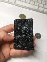 Load image into Gallery viewer, 100% Natural type A dark green black jadeite jade(墨翠, mocui) God of wealth General Guan (武财神关公) pendant pendant/worry stone AA64
