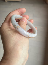 Load image into Gallery viewer, 56mm 100% Natural type A light green purple white carved flowers and golden-painted Jadeite Jade bangle PB227-0274
