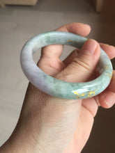 Load image into Gallery viewer, 55.5mm 100% Natural type A green purple carved plum blossom and golden-painted Jadeite Jade bangle PB226-0257

