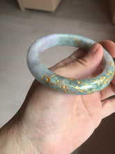 Load image into Gallery viewer, 55.5mm 100% Natural type A green purple carved plum blossom and golden-painted Jadeite Jade bangle PB226-0257
