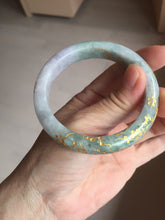Load image into Gallery viewer, 55.5mm 100% Natural type A green purple carved plum blossom and golden-painted Jadeite Jade bangle PB226-0257
