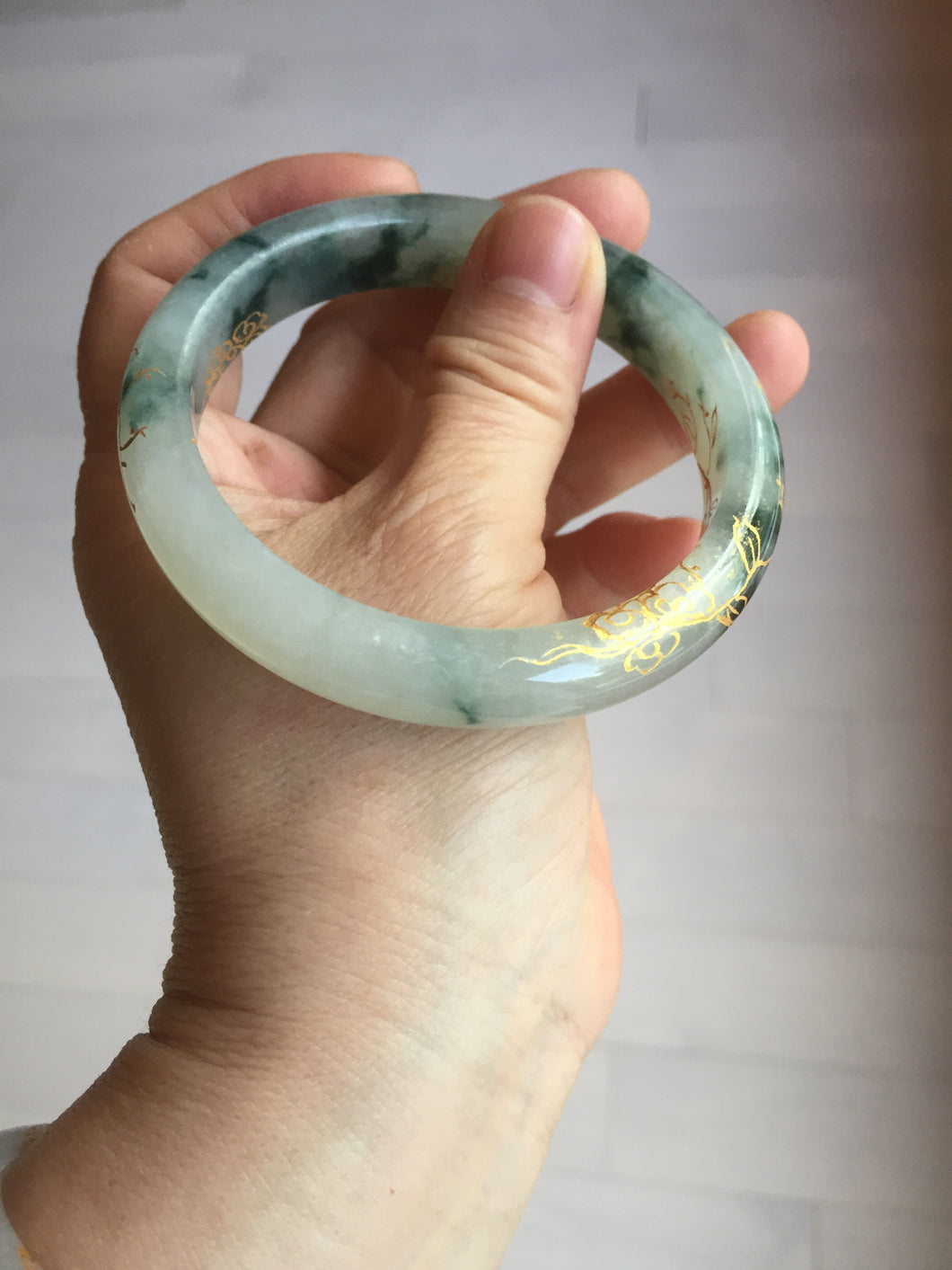 58.5mm Certified 100% Natural type A icy watery green/light with green flying flowers carved and golden-painted Jadeite Jade bangle PB211-7075