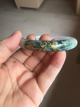 Load image into Gallery viewer, 54.9mm 100% Natural type A dark green purple white carved flowers and golden-painted Jadeite Jade banglePD96-0265
