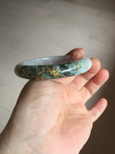Load image into Gallery viewer, 54.9mm 100% Natural type A dark green purple white carved flowers and golden-painted Jadeite Jade banglePD96-0265
