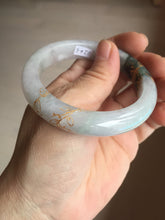 Load image into Gallery viewer, 53.6mm 100% Natural type A dark green purple white carved flowers and golden-painted Jadeite Jade bangle PD92-0263
