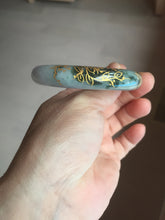 Load image into Gallery viewer, 53.6mm 100% Natural type A dark green purple white carved plum bossom and golden-painted Jadeite Jade bangle PD91-0269
