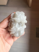 Load image into Gallery viewer, 100% natural white light Pink gray carved peony and plum bossom Quartzite (Shetaicui jade) Handheld Display Stone/Desk Decor CB83
