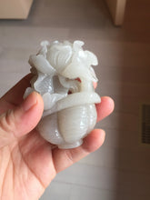 Load image into Gallery viewer, 100% natural white light Pink gray carved peony and plum bossom Quartzite (Shetaicui jade) Handheld Display Stone/Desk Decor CB83
