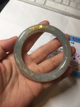Load image into Gallery viewer, 56.5mm 100% Natural type A light green white carved and golden-painted chubby round cut Jadeite Jade bangle PA170-2942
