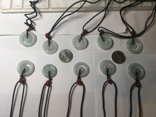 Load image into Gallery viewer, 21-25mm Type A 100% Natural icy watery light green/clear/white Jadeite Jade concentric circle safety Guardian ring Pendant (子母扣,同心环) group PA171
