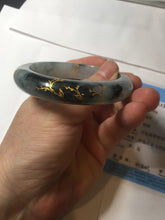 Load image into Gallery viewer, 54mm 100% Natural type A icy watery dark green with floating flowers and carved and golden-painted Jadeite Jade bangle PA172-8572
