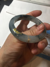 Load image into Gallery viewer, 54mm 100% Natural type A icy watery dark green with floating flowers and carved and golden-painted Jadeite Jade bangle PA172-8572
