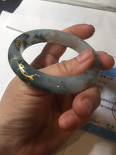 Load image into Gallery viewer, 54mm 100% Natural type A icy watery dark green with floating flowers and carved and golden-painted Jadeite Jade bangle PA172-8572
