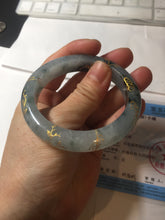 Load image into Gallery viewer, 54mm 100% Natural type A icy watery dark green with floating flowers and carved and golden-painted Jadeite Jade bangle PA172-8572
