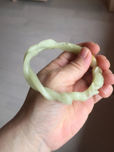 Load image into Gallery viewer, 61mm 100% Natural Yellow Orange 3D Carved Fish, Lotus Flowers &amp; Twisted Braided Xiu Jade (Serpentine) Bangle CB84
