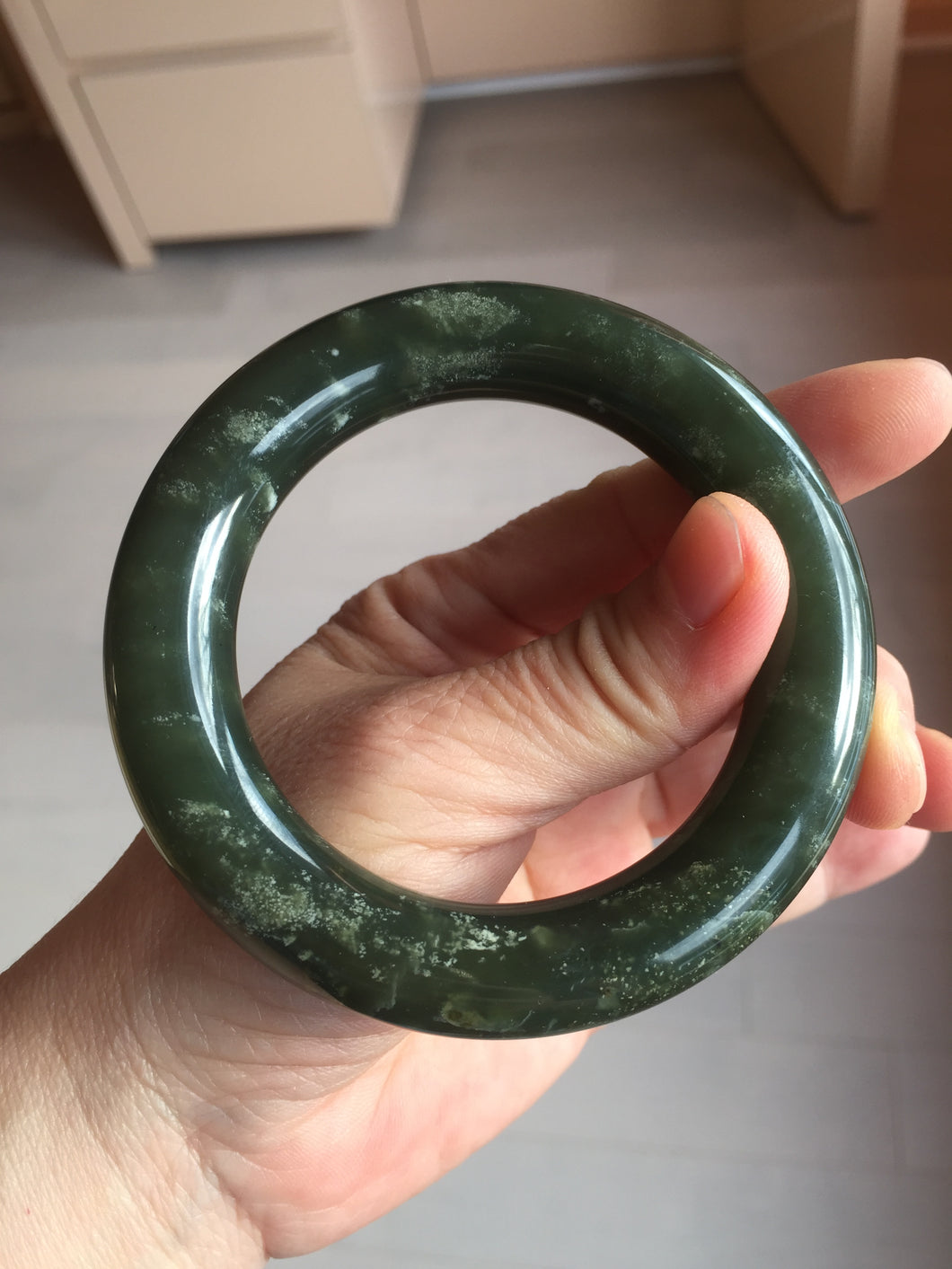 55.5mm certified 100% Natural dark green/gray/black chubby round cut nephrite Jade bangle HF85-0882