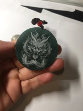 Load image into Gallery viewer, 48.7mm 100% Natural dark green/black/gray Guatemala jadeite intaglio dragon Pendant/handhold worry stone PD193
