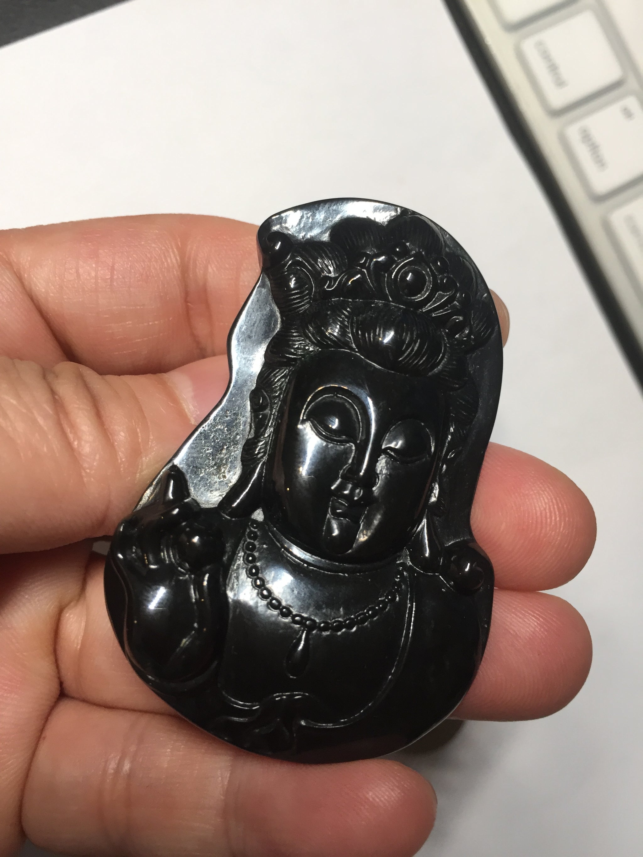 100% Natural dark green/black jadeite jade(Mocui, 墨翠) GuanYin