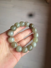 Load image into Gallery viewer, 14x13mm 100% Natural light green/gray/brown with brown flying dandelions vintage style nephrite Jade bead bracelet HE84
