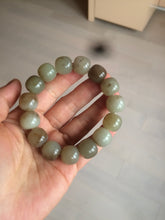Load image into Gallery viewer, 14x13mm 100% Natural light green/gray/brown with brown flying dandelions vintage style nephrite Jade bead bracelet HE84
