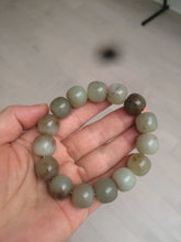 Load image into Gallery viewer, 14x13mm 100% Natural light green/gray/brown with brown flying dandelions vintage style nephrite Jade bead bracelet HE84
