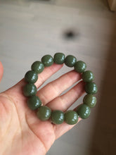 Load image into Gallery viewer, 13.5x13.6mm 100% Natural olive green/brown/black vintage style nephrite Jade bead bracelet HE83
