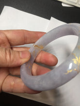 Load image into Gallery viewer, 57m Type A 100% Natural light purple white carved branches and flowers and golden-painted jadeite jade bangle BH132
