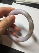 Load image into Gallery viewer, 54.5m Type A 100% Natural light purple brown white carved branches and flowers and golden-painted round cut jadeite jade bangle BH128
