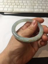 Load image into Gallery viewer, 52.2mm 100% Natural type A icy watery light green carved and golden-painted round cut slim Jadeite Jade bangle BH129
