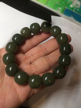 Load image into Gallery viewer, 13.5x13.6mm 100% Natural olive green/brown/black vintage style nephrite Jade bead bracelet HE83
