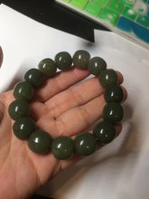 Load image into Gallery viewer, 13.5x13.6mm 100% Natural olive green/brown/black vintage style nephrite Jade bead bracelet HE83

