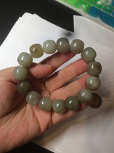 Load image into Gallery viewer, 14x13mm 100% Natural light green/gray/brown with brown flying dandelions vintage style nephrite Jade bead bracelet HE84

