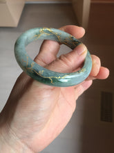 Load image into Gallery viewer, 54.2mm certified 100% natural Type A sunny green gray carved and golden-painted round cut jadeite jade bangle PJ66
