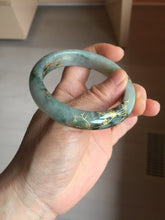 Load image into Gallery viewer, 54.2mm certified 100% natural Type A sunny green gray carved and golden-painted round cut jadeite jade bangle PJ66
