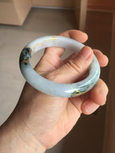 Load image into Gallery viewer, 58mm 100% Natural type A green purple white carved flowers and golden-painted round cut Jadeite Jade bangle PJ64
