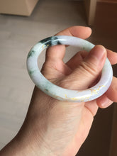 Load image into Gallery viewer, 56mm 100% Natural type A sunny green dark green purple white carved flowers and golden-painted round cut Jadeite Jade bangle PJ63
