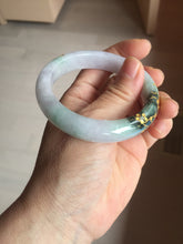 Load image into Gallery viewer, 54mm 100% Natural type A dark green purple white carved plum bossom and golden-painted Jadeite Jade bangle BP166-0266
