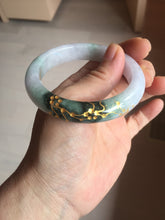 Load image into Gallery viewer, 54mm 100% Natural type A dark green purple white carved plum bossom and golden-painted Jadeite Jade bangle BP166-0266
