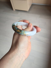 Load image into Gallery viewer, 54mm 100% Natural type A dark green purple white carved plum bossom and golden-painted Jadeite Jade bangle BP166-0266
